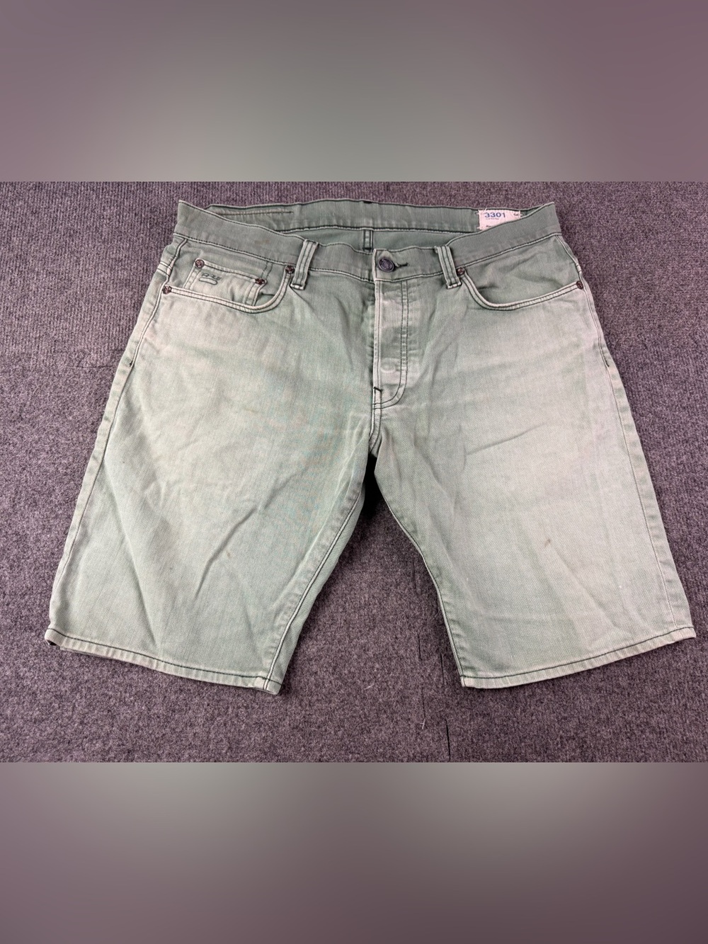 G-Star 3301 Mens Cotton Blend Button Fly Denim Shorts Size 34 Green